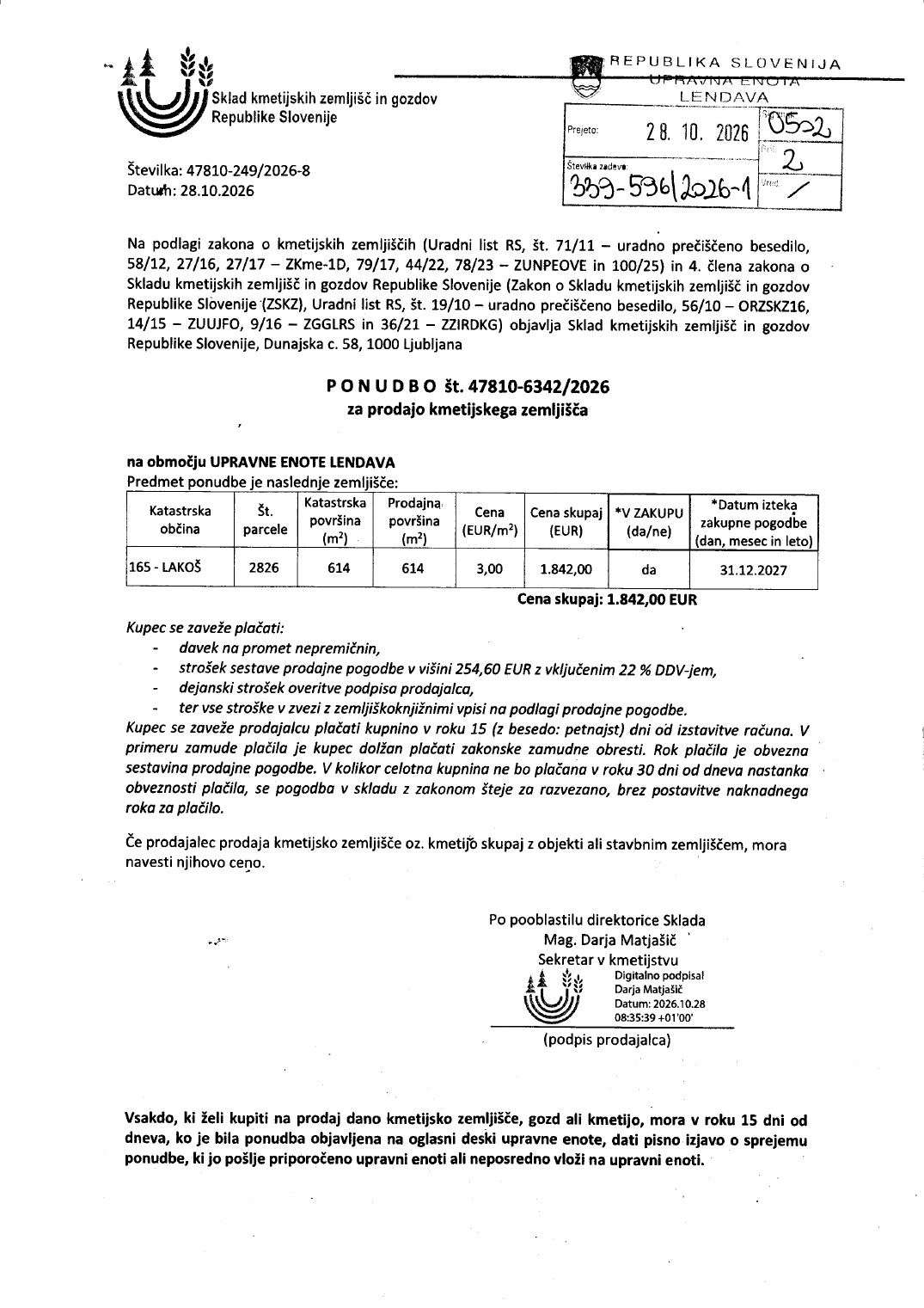 Prva stran objavljene ponudbe, kot jo je oddal prodajalec upravni enoti.