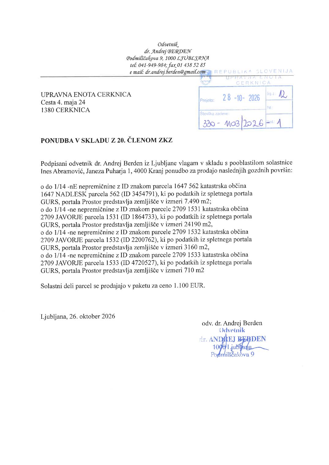 Prva stran objavljene ponudbe, kot jo je oddal prodajalec upravni enoti.