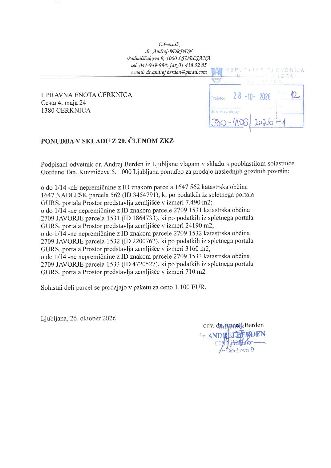 Prva stran objavljene ponudbe, kot jo je oddal prodajalec upravni enoti.