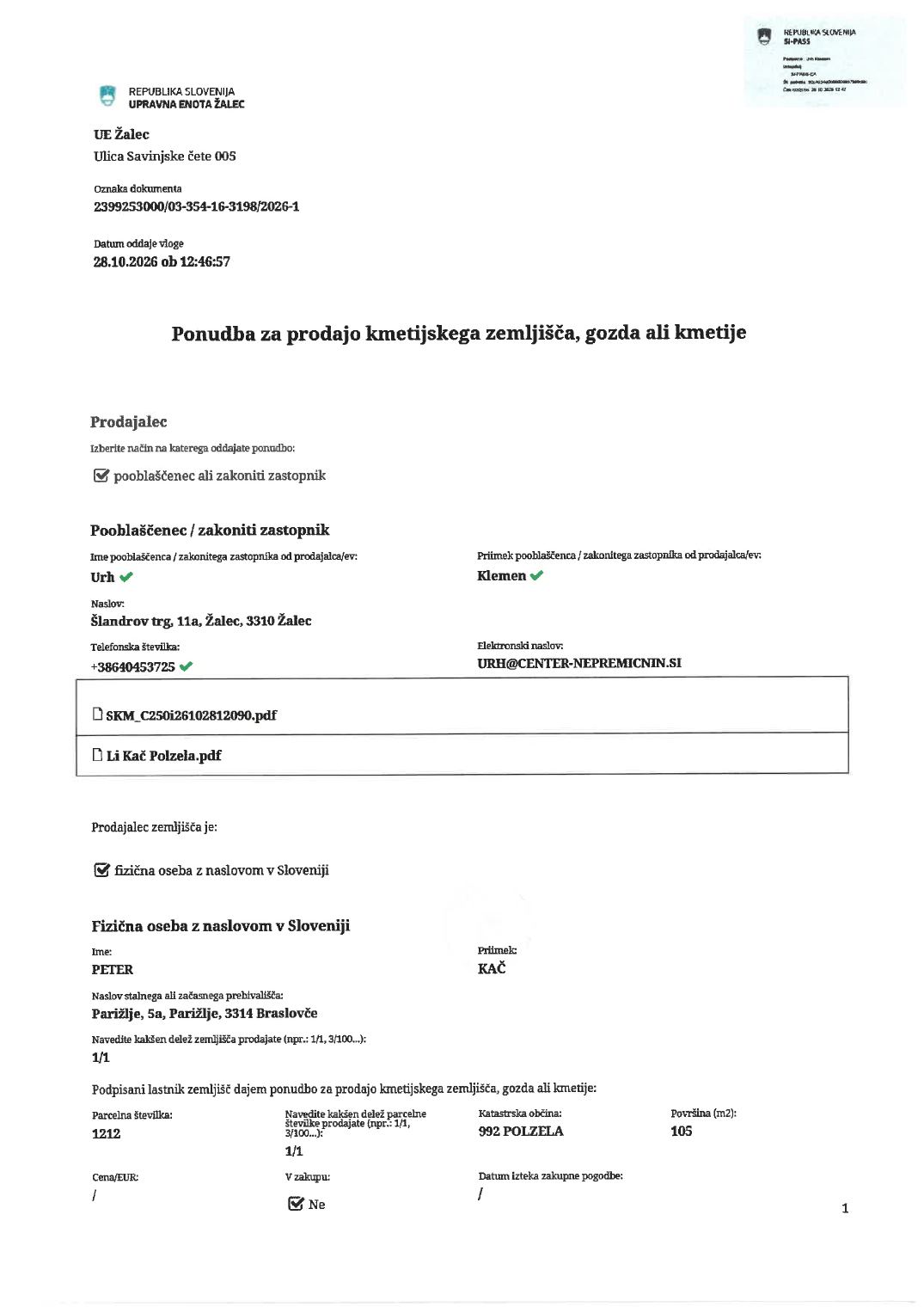 Prva stran objavljene ponudbe, kot jo je oddal prodajalec upravni enoti.
