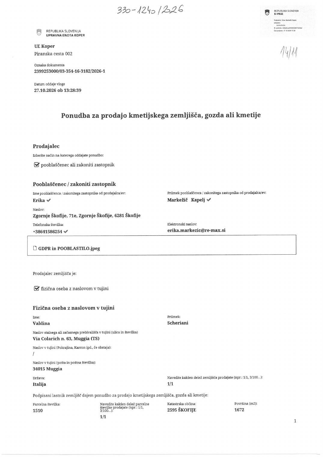 Prva stran objavljene ponudbe, kot jo je oddal prodajalec upravni enoti.