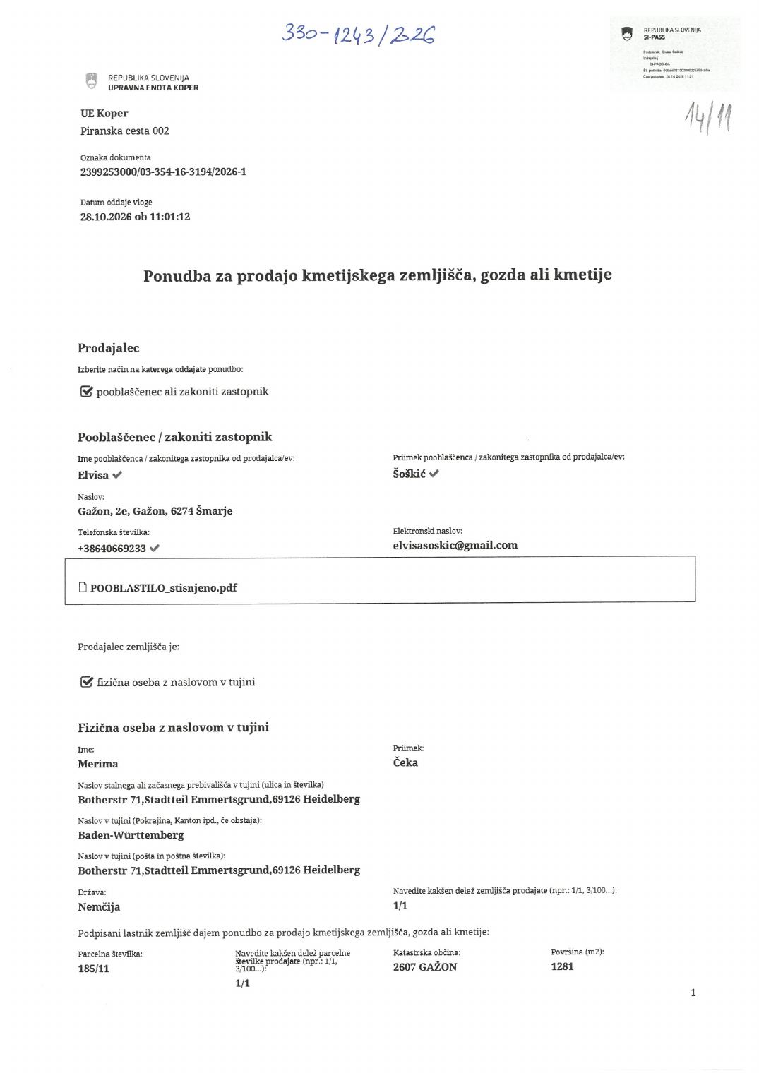 Prva stran objavljene ponudbe, kot jo je oddal prodajalec upravni enoti.