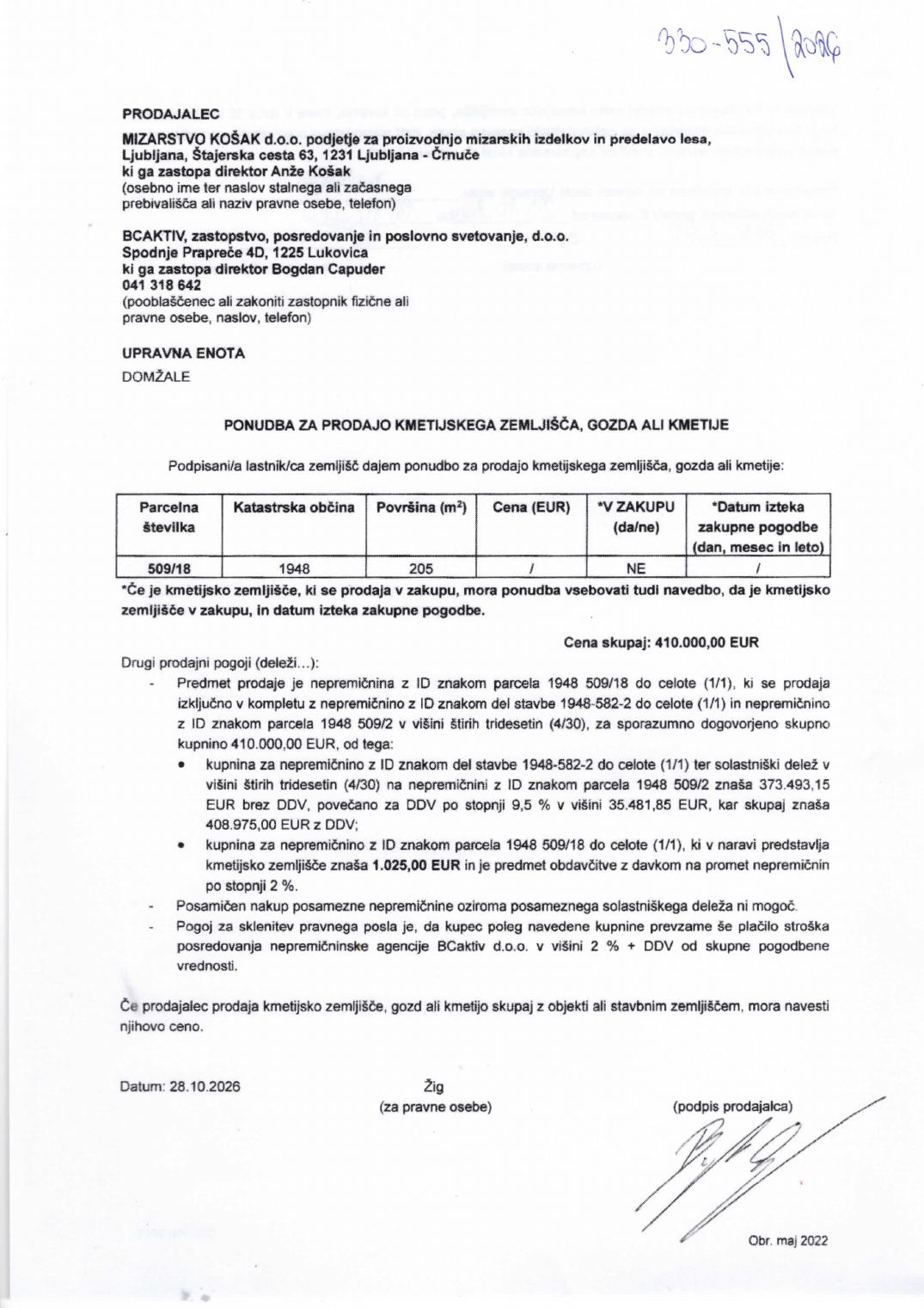 Prva stran objavljene ponudbe, kot jo je oddal prodajalec upravni enoti.