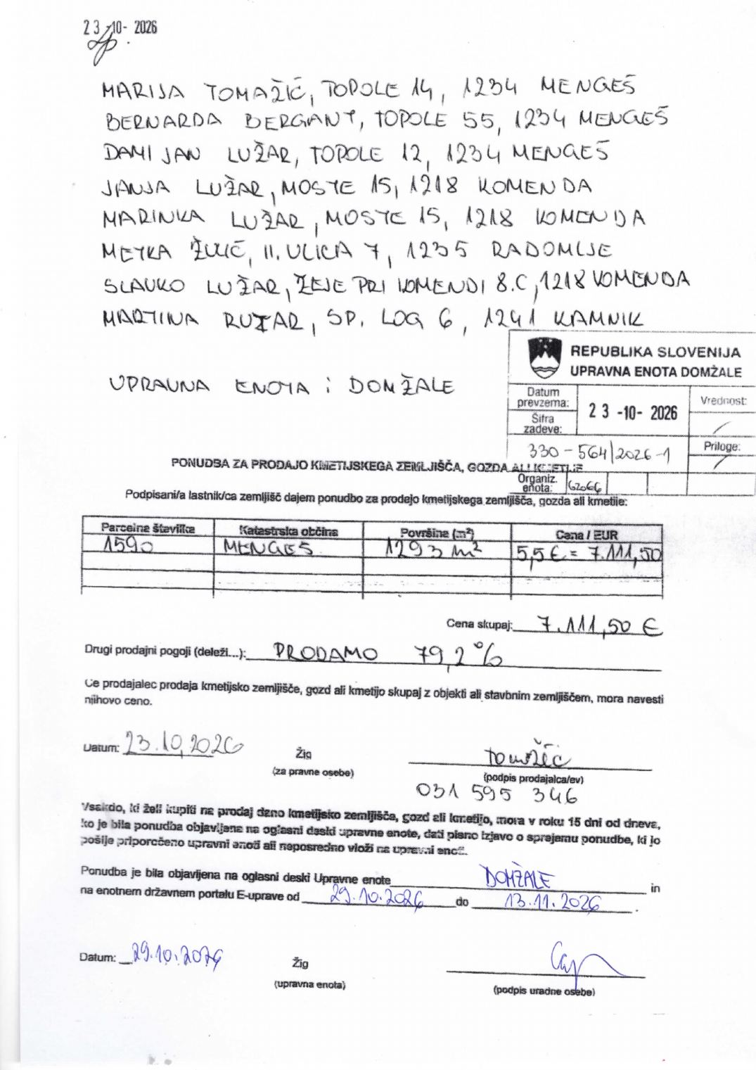 Prva stran objavljene ponudbe, kot jo je oddal prodajalec upravni enoti.