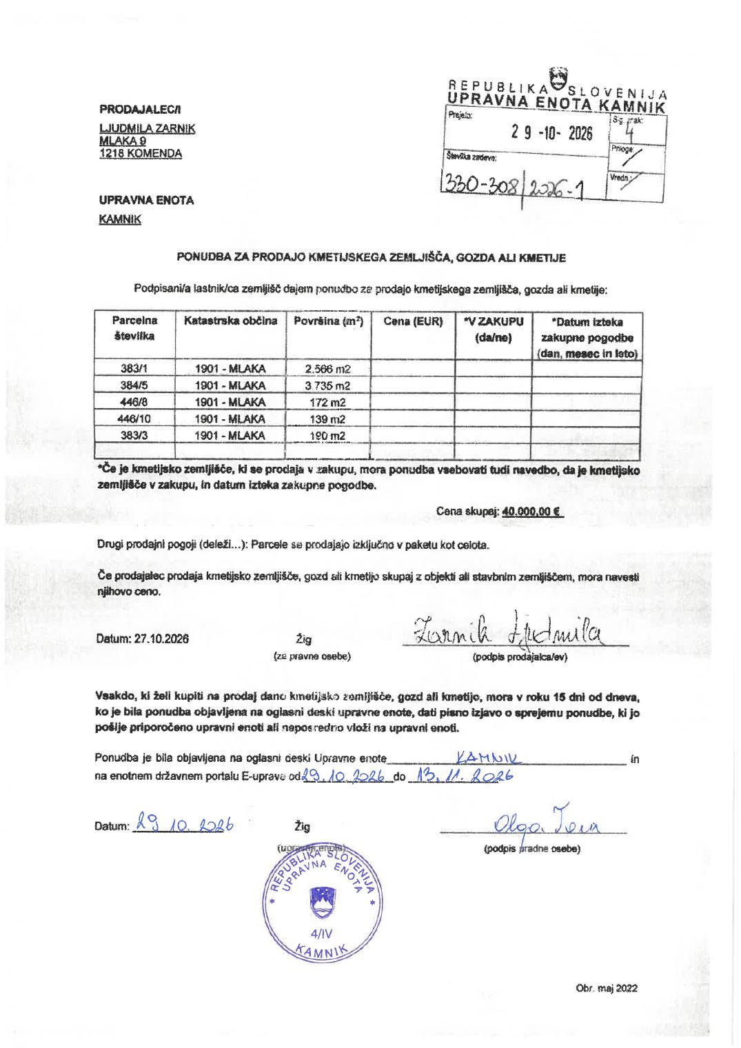 Prva stran objavljene ponudbe, kot jo je oddal prodajalec upravni enoti.