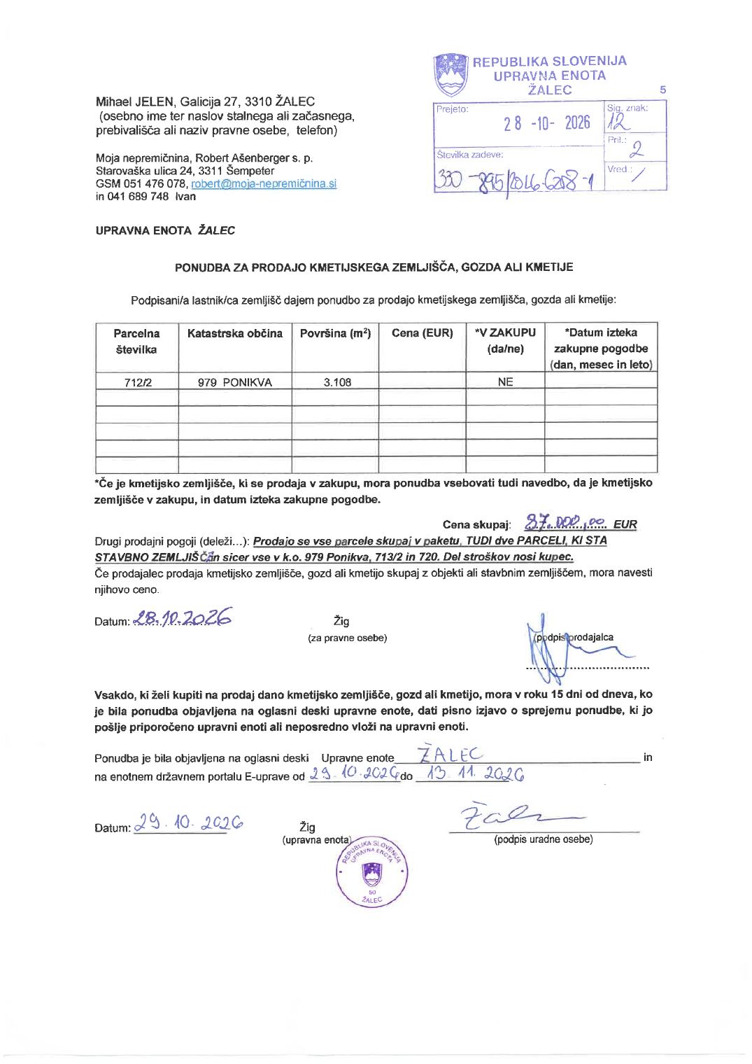 Prva stran objavljene ponudbe, kot jo je oddal prodajalec upravni enoti.