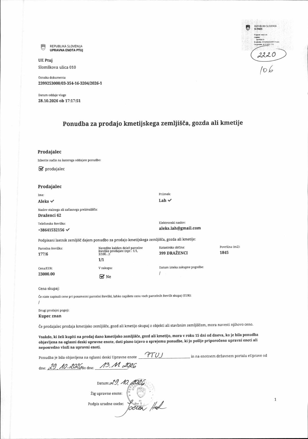 Prva stran objavljene ponudbe, kot jo je oddal prodajalec upravni enoti.