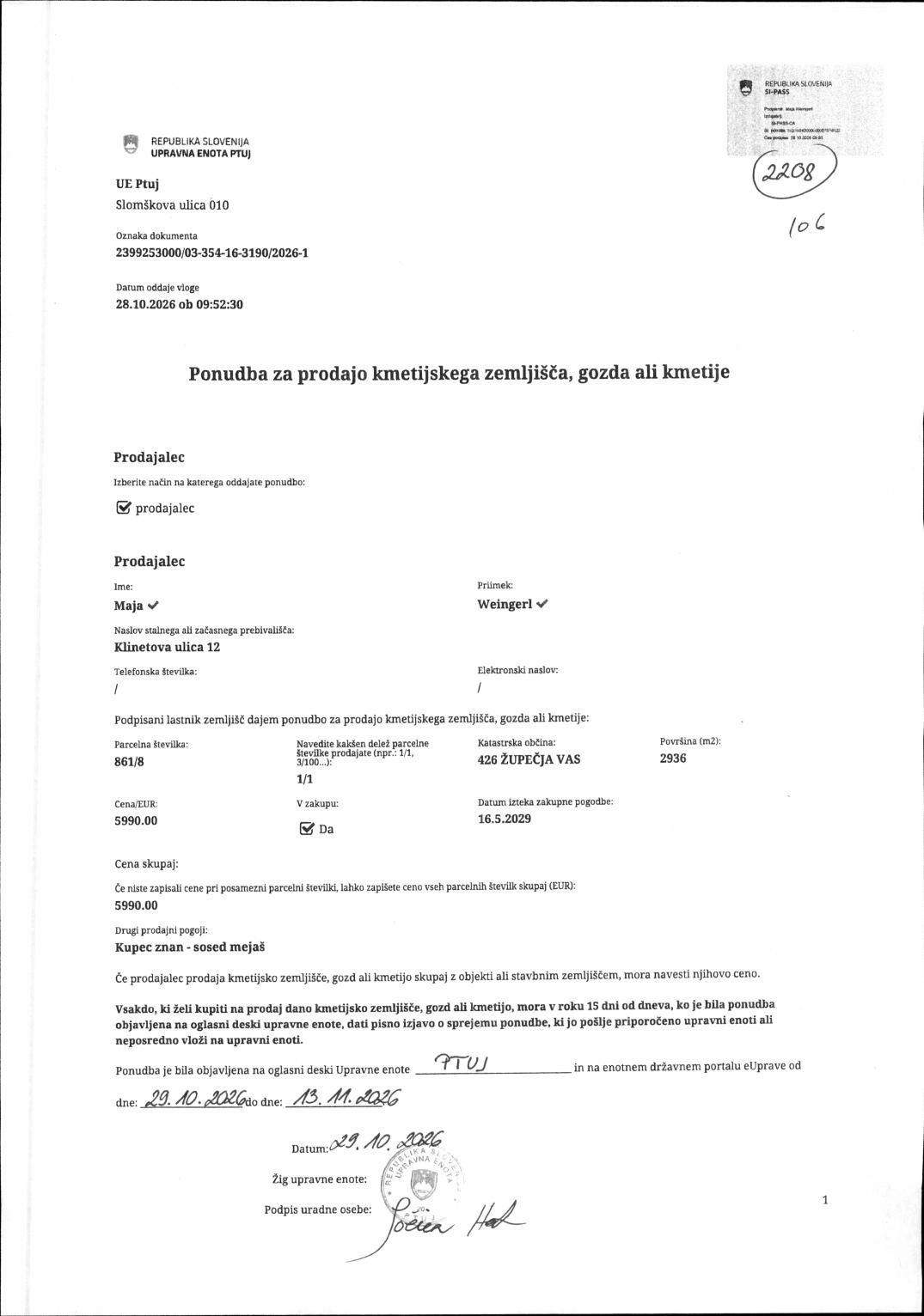 Prva stran objavljene ponudbe, kot jo je oddal prodajalec upravni enoti.