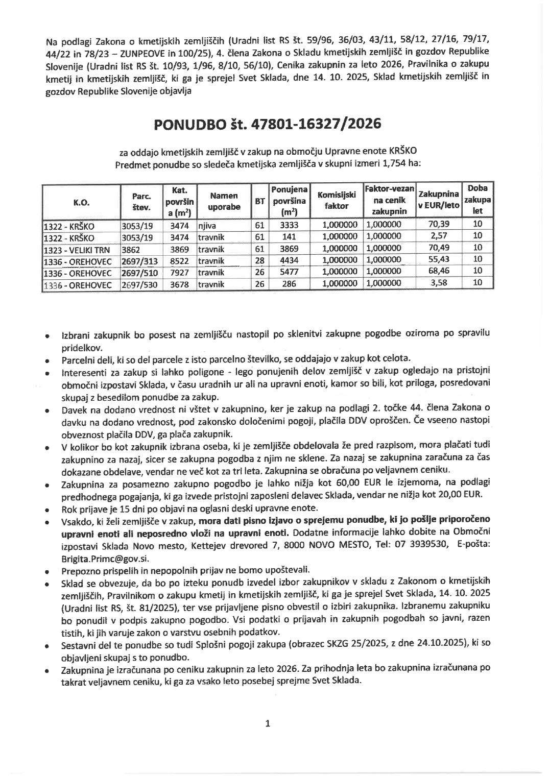 Prva stran objavljene ponudbe, kot jo je oddal prodajalec upravni enoti.