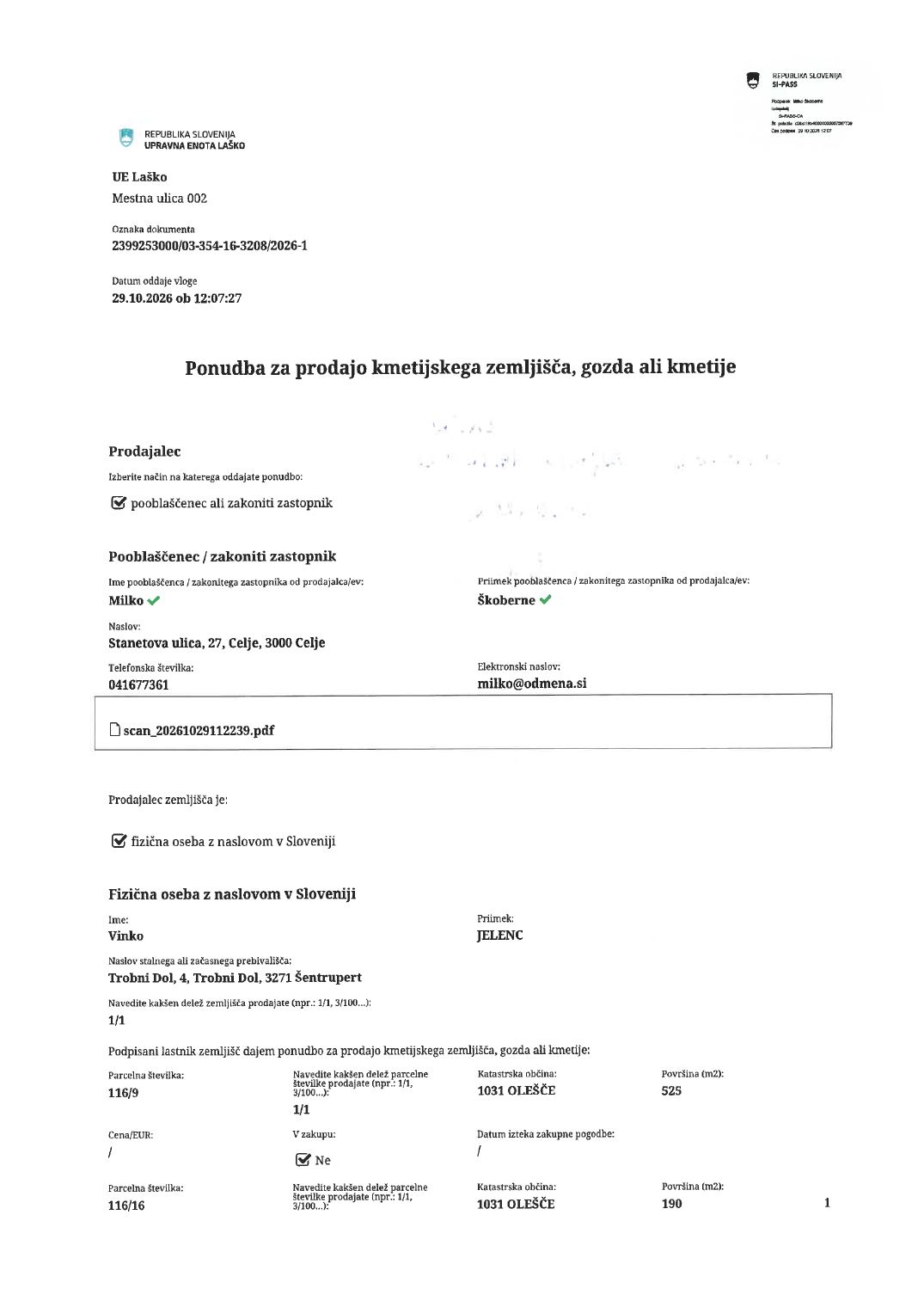 Prva stran objavljene ponudbe, kot jo je oddal prodajalec upravni enoti.