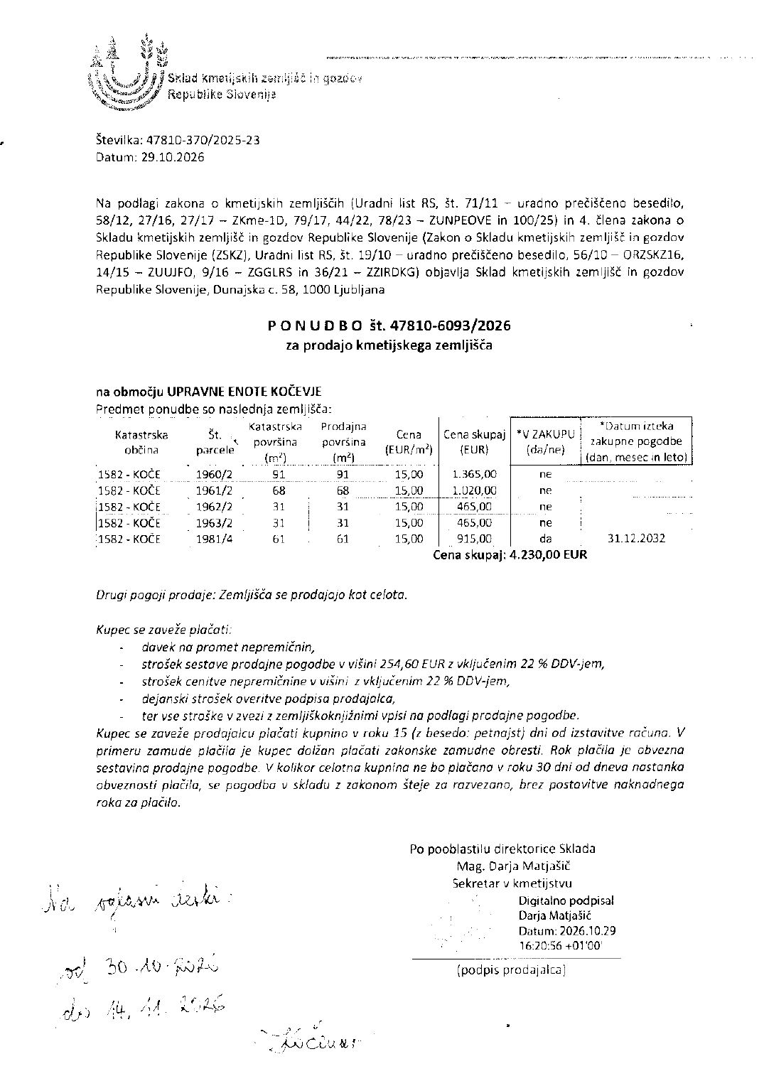 Prva stran objavljene ponudbe, kot jo je oddal prodajalec upravni enoti.