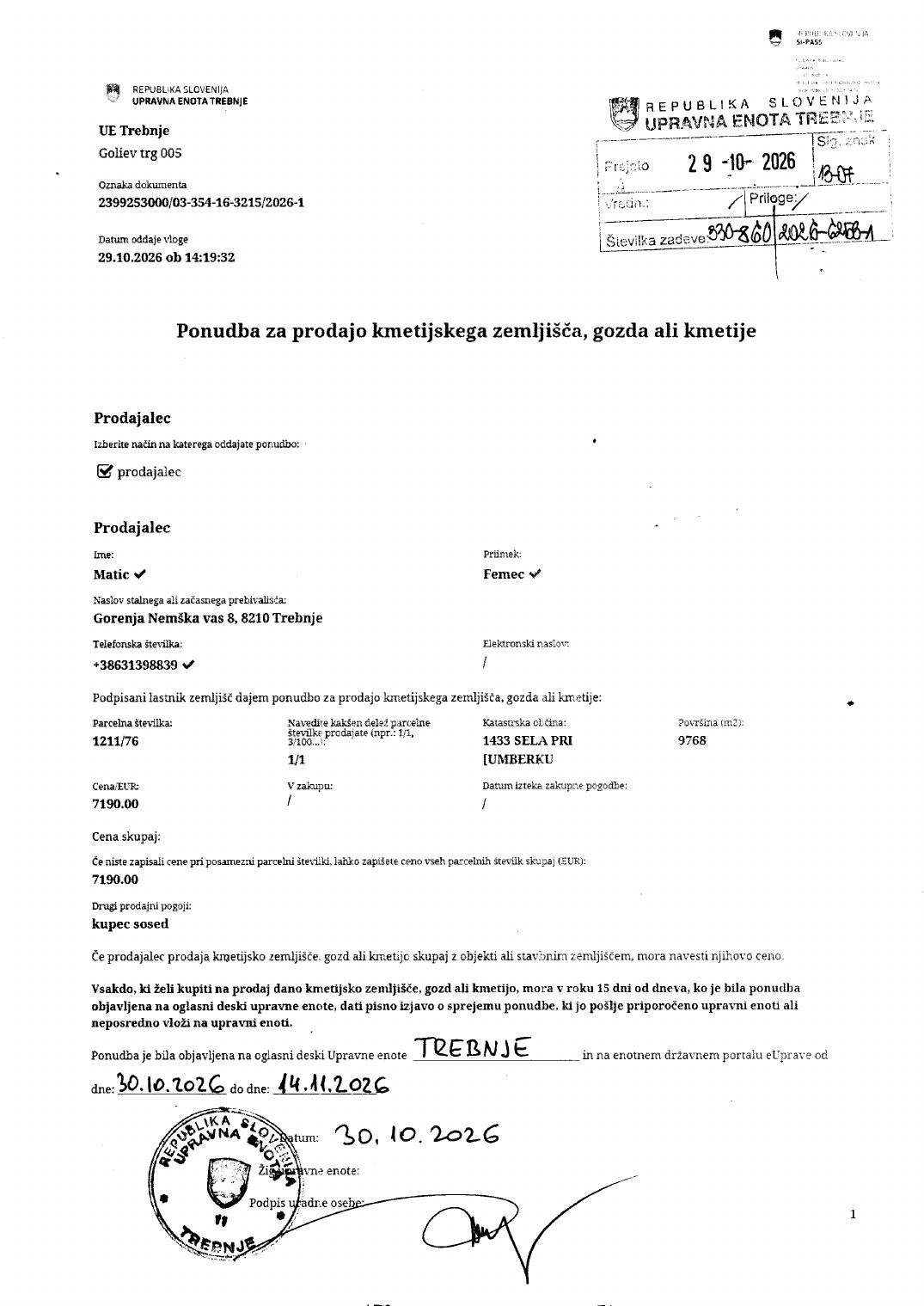 Prva stran objavljene ponudbe, kot jo je oddal prodajalec upravni enoti.