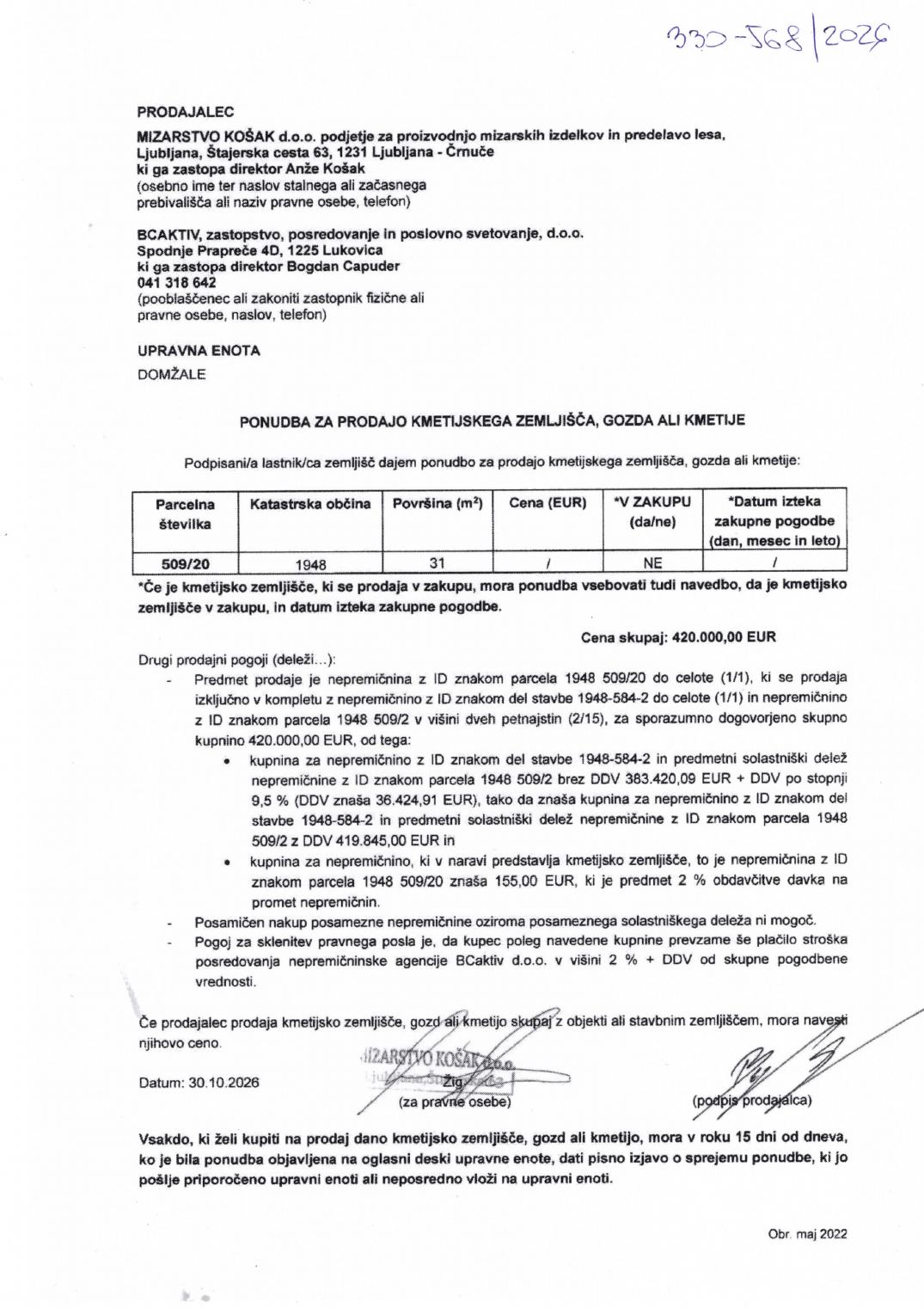 Prva stran objavljene ponudbe, kot jo je oddal prodajalec upravni enoti.