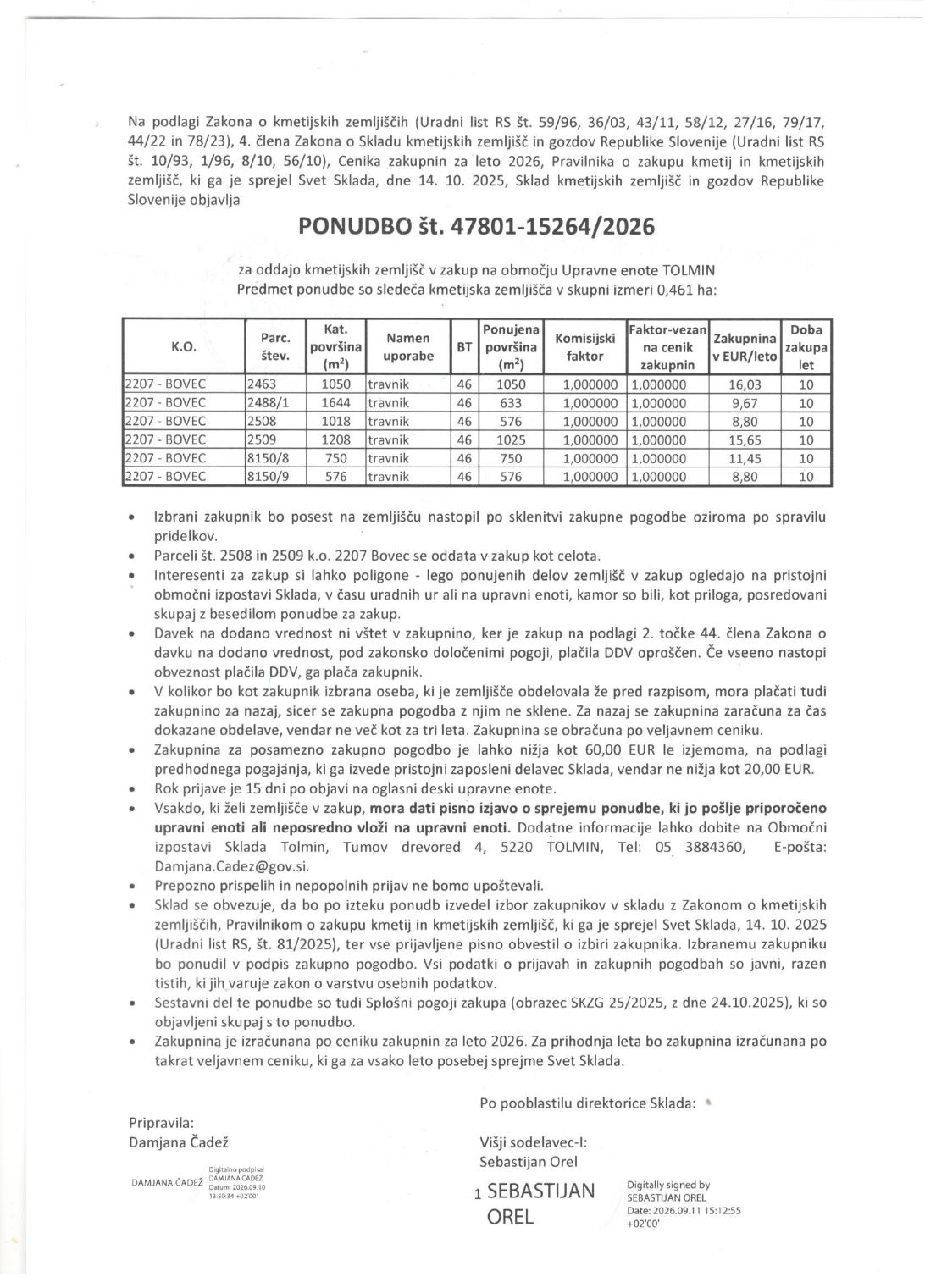 Prva stran objavljene ponudbe, kot jo je oddal prodajalec upravni enoti.