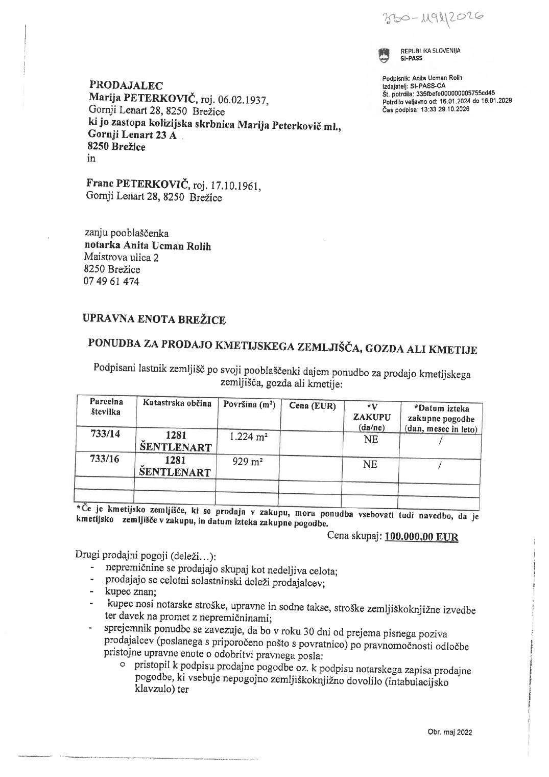Prva stran objavljene ponudbe, kot jo je oddal prodajalec upravni enoti.