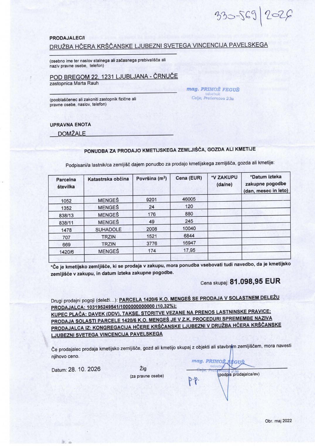 Prva stran objavljene ponudbe, kot jo je oddal prodajalec upravni enoti.